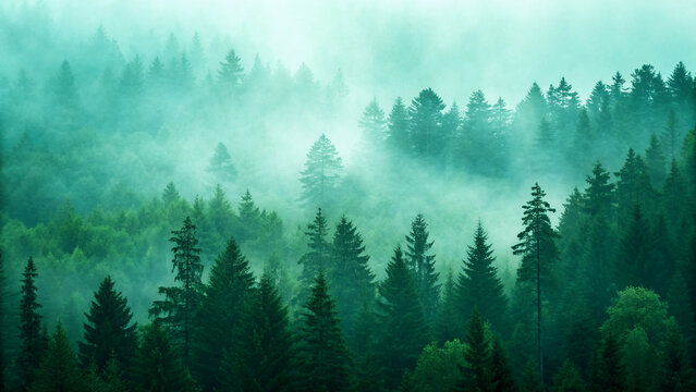 Misty emerald forest canopy shrouded in ethereal fog, creating a serene and mysterious natural landscape scene.