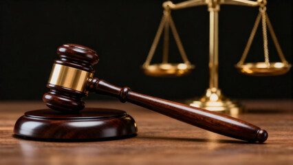 Law and Justice Symbol – Judge's Gavel with Scales of Justice on Dark Background