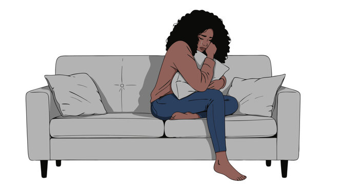 Young black woman sitting alone on sofa hugging a pillow. Woman crying on sofa  