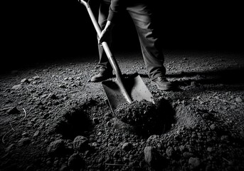 Monochrome Image of a Person Digging with a Shovel.