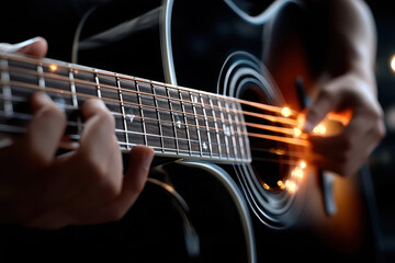 Close up of hands playing acoustic guitar