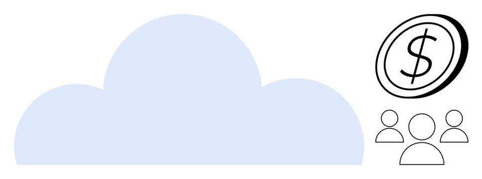 Cloud graphic with dollar coin and group of users conveying finance, teamwork, and digital solutions. Ideal for business, technology, cloud storage, collaboration, financial growth, SaaS innovation