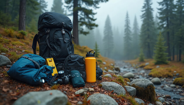 Hiking gear lies near stream in forest. Backpacks water bottle, camera await adventurer in tranquil outdoors. Essential equipment for wilderness trek, camping in woodland. Nature exploration journey - Powered by Adobe