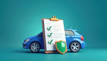 Obraz premium Blue car with clipboard checklist and shield. Represents auto insurance policy coverage comparison or purchase. Document confirms vehicle protection plan.
