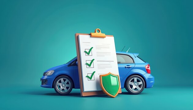 Blue car with clipboard checklist and shield. Represents auto insurance policy coverage comparison or purchase. Document confirms vehicle protection plan.