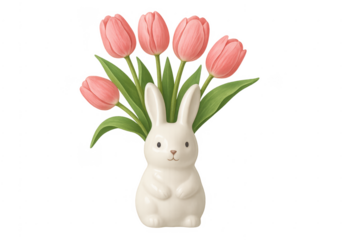 White easter bunny vase holding pink tulips