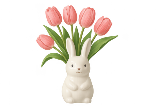 White easter bunny vase holding pink tulips - Powered by Adobe