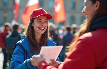 Enthusiastic woman gives document to another person. Crowd rallies at outdoor demonstration. Girl smiles in red cap and blue jacket. Swiss flags at background. Community volunteers help public event.
