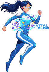 Dynamic digital illustration of a futuristic female athlete in advanced athletic wear showcasing strength and agility with vibrant blue accents and