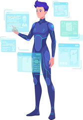 futuristic digital interface with a male character interacting with holographic screens in a high-tech environment minimal 50 characters original