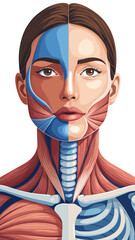 educational illustration of human anatomy highlighting musculature and skeletal structure with detailed facial features and transparent background