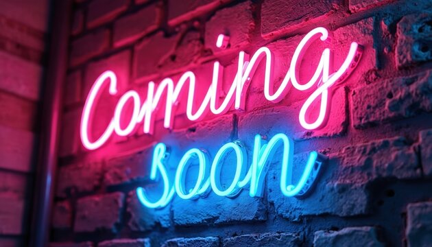 Bright neon sign glows on brick wall. Text reads Coming Soon. Pink and blue light illuminates surface. Promotion, event, sale, store opening coming. Modern electric signboard. Nightlife advertisement.