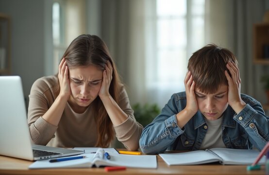 Mom, son stressed with school homework. Young mother, kid struggle with difficult home education task. Both feel frustrated, tired, learning at home together. Face problems studying, feeling