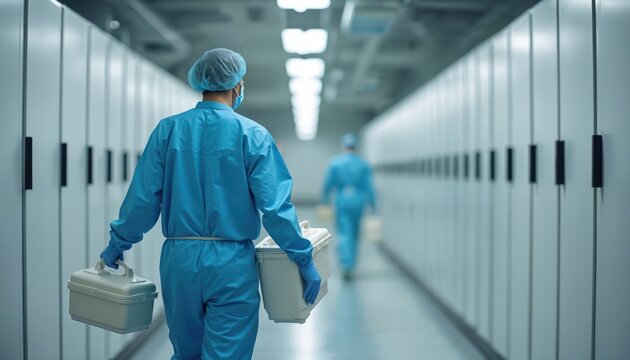 Worker in hazmat suit transports biohazard container down sterile corridor. Another worker in PPE follows behind. Cleanroom environment, laboratory setting, medical transport.