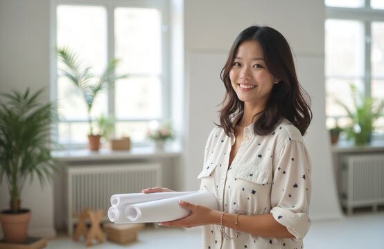 Asian woman plans creative project holding blueprints in bright studio. Female designer works on concept art with rolled papers. Young artist prepares for photoshoot in white loft.
