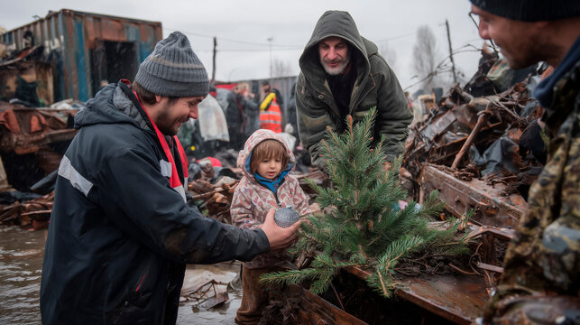 Homeless people decorating Christmas tree with child symbolizing hope and humanity during holiday season