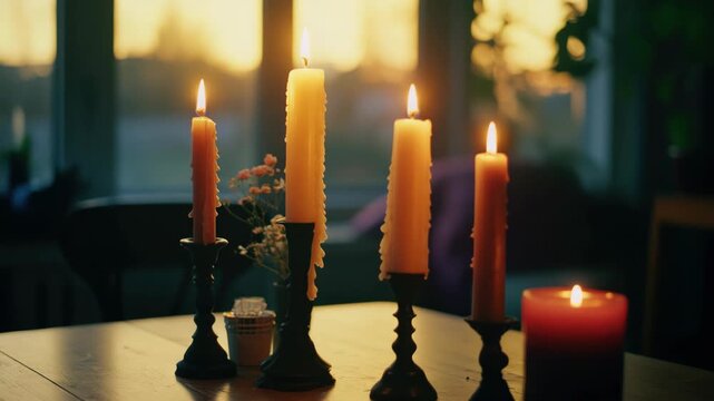 Lit candles on a dining table create an intimate ambiance.