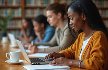 Diverse young women students work on laptops in modern university library. Research, study, collaborate on projects, sharing knowledge, ideas together. Group of girls focus on higher education,
