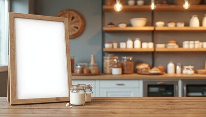 Wooden frame with blank white space for ad text sits on a rustic table. Bakery interior background with shelves filled with jars. Copy space for menu, specials, or promotions.