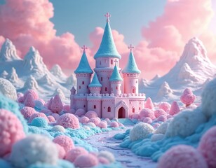Naklejka premium Pink ice cream castle with blue spires sits in candy land. Lollipop trees and cotton candy clouds form magical landscape. This fantasy world looks sweet and dreamy.