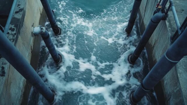 Metallic structure for water management at pier.