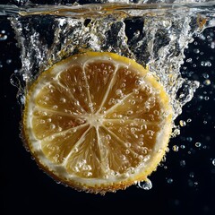 A lemon slice splashes into water creating bubbles