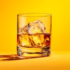 A glass of whiskey with ice cubes on a bright yellow background