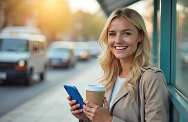 Happy young woman waits at bus stop holding phone, coffee. She smiles in casual attire. Modern city life with public transport, connection, daily routine. Concept of urban mobility, happy lifestyle.