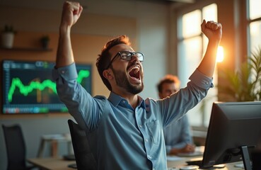 Excited stockbroker celebrates successful online trade in office. Winner man rejoices rising market chart. Happy investor shouts, raises hands up after achieving financial goals with online