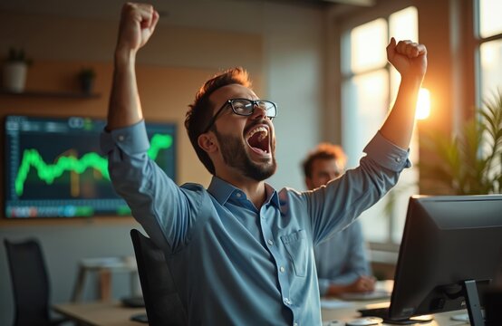Excited stockbroker celebrates successful online trade in office. Winner man rejoices rising market chart. Happy investor shouts, raises hands up after achieving financial goals with online