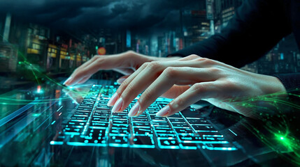 Digitale Zukunft: H&auml;nde tippen auf einer futuristischen, gr&uuml;n beleuchteten Tastatur vor der Kulisse einer neonbeleuchteten Cyberpunk-Stadt. Ideal f&uuml;r Themen wie Technologie, Hacking, KI, Programmierun