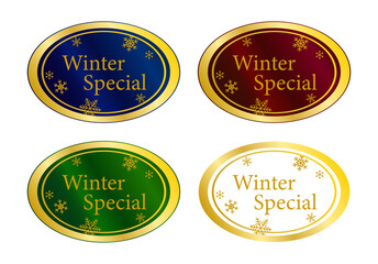 冬季限定を示す Winter Special の楕円ラベル4色バリエーション（ベクター）