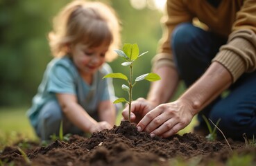 Father and child plant a young tree seedling together in fertile soil outdoors. They care for nature helping a small plant grow, connecting with the earth. Family gardening on a sunny day.