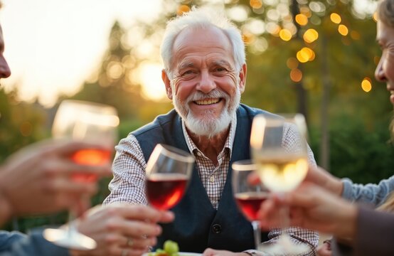 Happy senior man smiles at camera during outdoor gathering. Family, friends raise wine glasses, toasting together. Share joyful moments, celebrating special occasion in vibrant garden at golden hour.
