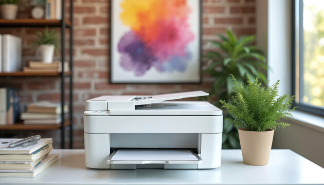 White modern printer on office desk near bookshelf and plants. Workplace with printing device paper output tray and document scanner function. Contemporary home office setup.