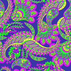 Floral seamless pattern with paisley ornament. Vector illustration in asian textile style