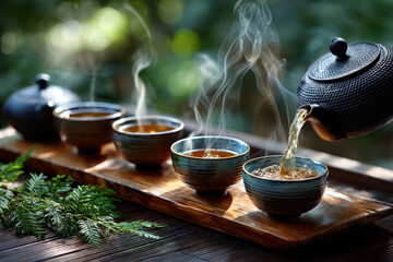 Hot tea pouring from teapot into cups on wooden tray