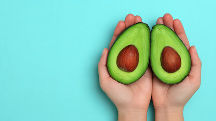 Fresh green avocado cut in half with seed held gently in two hands on blue background, symbolizing healthy food and natural nutrition