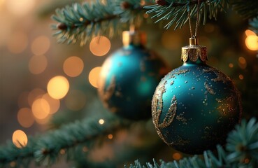 Fototapeta premium Close up view of elegant teal Christmas tree ornaments with gold details. Pine branches and warm bokeh lights create a festive atmosphere for winter holidays.