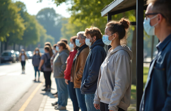 Group of diverse people stand in line wearing face masks, maintaining social distance at sunny day bus stop. Community health safety rules, pandemic prevention measures, waiting for public transit. - Powered by Adobe