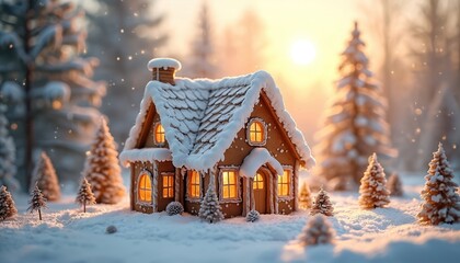 Naklejka premium Cozy gingerbread house covered with snow in winter forest. Festive warm glowing light from windows. Christmas background with gingerbread cabin in snowy landscape. Winter holidays season celebration