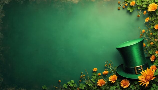Green grunge background with shiny green top hat, yellow flowers. Irish hat lies on beautiful floral frame of orange daisy flowers. Golden buckle on hatband. St Patricks Day decoration, space for