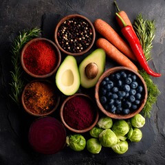 A variety of spices and fresh ingredients arranged in bowls on a dark surface