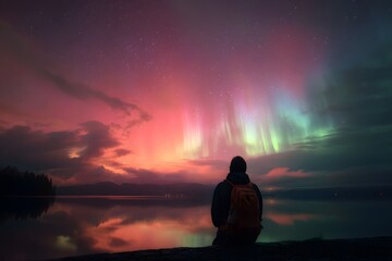 A person sitting by a lake under a vibrant aurora borealis