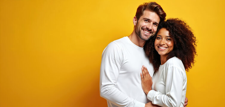 Young multiracial couple cuddles and smiles against vibrant yellow studio background. They wear white long sleeve tops and look happily at camera, showing affection and togetherness in casual style.