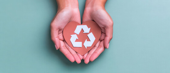 Hands holding heart shaped paper with recycling symbol, concept of environmental care and sustainability, green background with copy space for eco friendly message