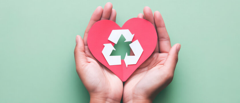 Hands presenting paper cutout of recycling arrows forming heart symbol, expressing care for environment and sustainability with green background