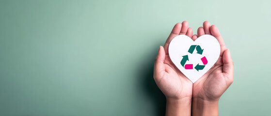 Hands holding heart shaped paper with recycling symbol, environmental care and sustainability concept, green background with copy space for text