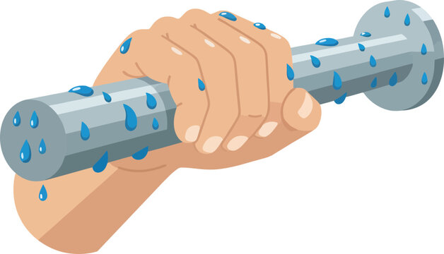 Clenched fist gripping a metallic bar with water droplets emphasizing strength and resilience in