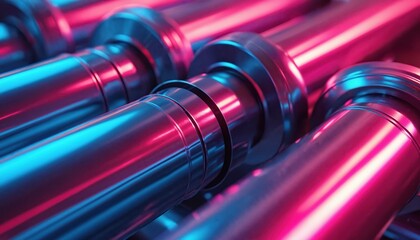 Rows of shiny metallic pipes reflect vibrant neon lights creating futuristic industrial abstract pattern. This seamless composition suggests advanced tech and sleek design for modern, energetic feel.
